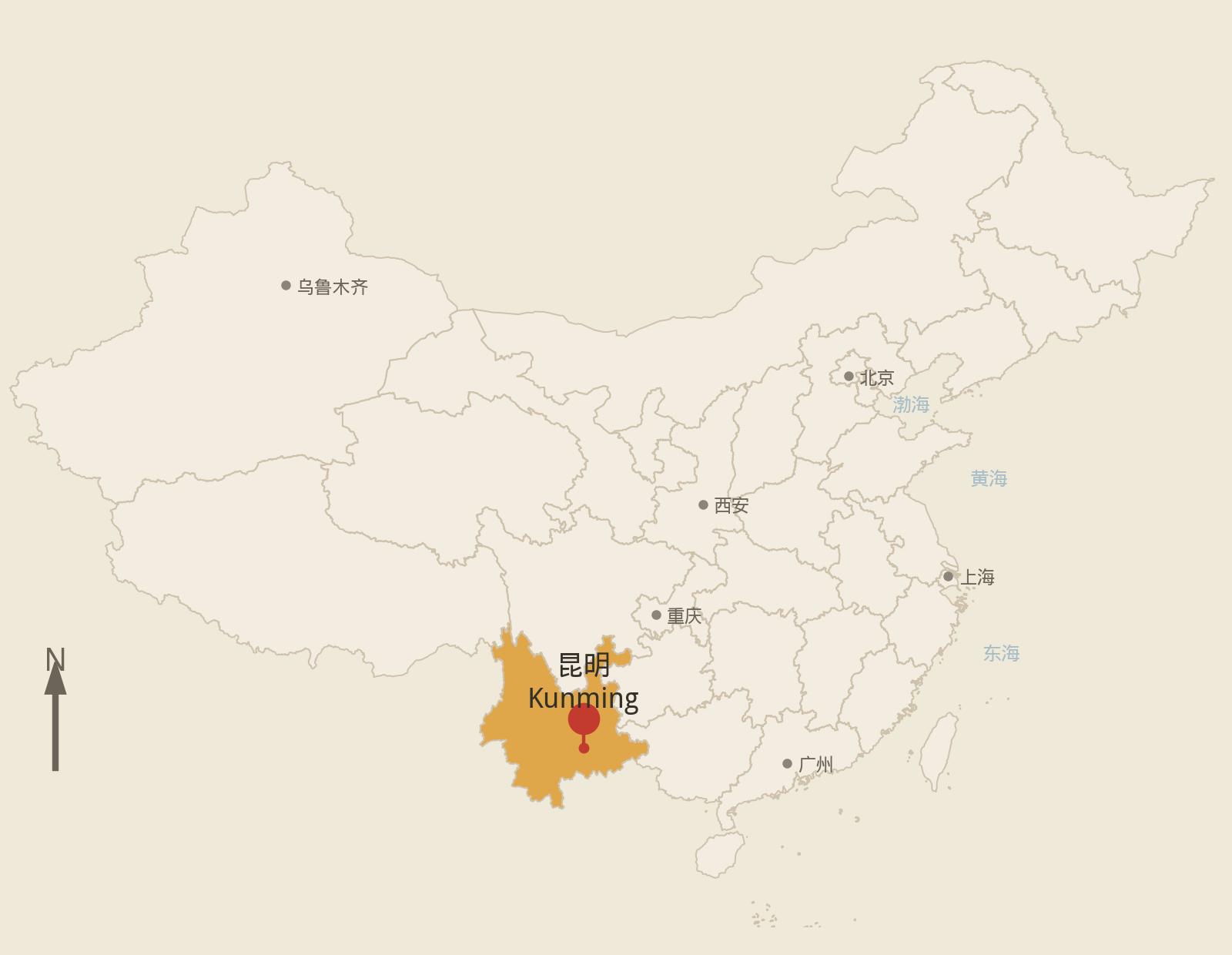 中国示意地图，红色别针指向昆明 · Sketch map of China with a red pin on Kunming